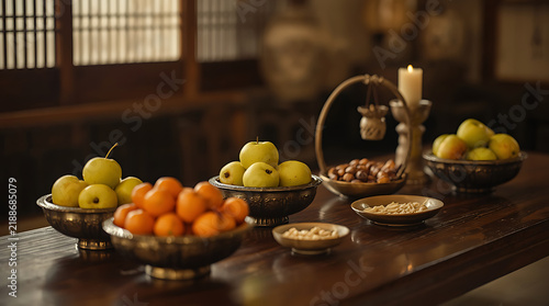 Fresh persimmons and traditional harvest fruits prepared for Korean Chuseok festival