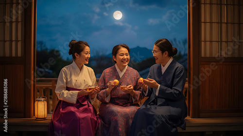 Asian women wearing hanbok enjoying full moon night during Chuseok celebration