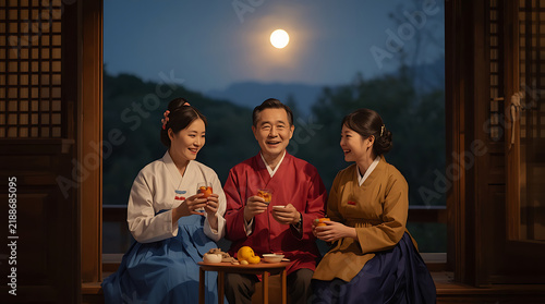 Happy Korean family in traditional hanbok celebrating Chuseok under glowing full moon