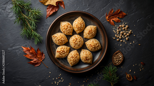 Traditional Korean songpyeon rice cakes arranged on plate with autumn leaves decoration