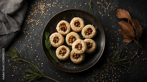 Flat lay of traditional Korean rice cakes songpyeon served on black plate for Chuseok