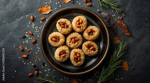 Top view of traditional Korean yakgwa honey cookies on dark plate