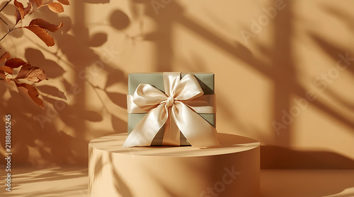 Elegant wrapped gift box with silk ribbon bow on neutral background