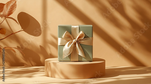 Sage green gift box tied with silky beige ribbon on wooden pedestal