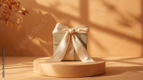 Elegant wrapped gift box with oversized satin bow on wooden pedestal
