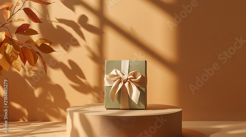 Small sage green gift box tied with cream silk bow on round pedestal