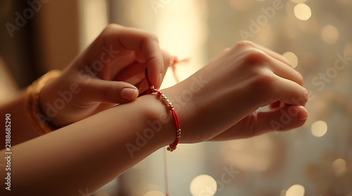 Close up of hands tying a red thread Rakhi bracelet on wrist