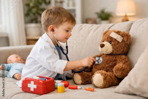 Child playing pretend doctor with a teddy bear and stethoscope for imaginative play and early childhood learning scene