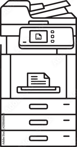 Foto A black and white line of a large office multifunction printer, showing paper tr