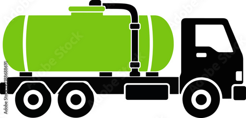 Green and black icon of a tanker truck with a visible pipe and storage tank, isolated on a white background, flat for industrial liquid transport, fuel delivery, and also transparent background
