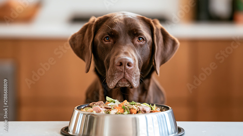 Cute brown labrador retriever dog Canis lupus familiaris sit and wait for meal in bowl with eager emotion in home kitchen interior setup