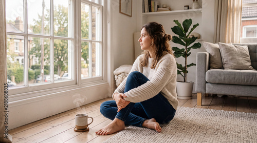 Young woman enjoying a calm tech-free morning moment with coffee at home