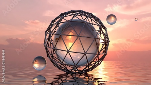 Futuristic glass sphere inside a geometric wireframe cage structure reflecting a stunning pink sunset sky and calm ocean water surface landscape