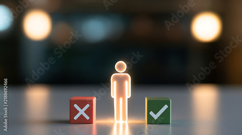 A glowing human symbol stands between a red cube with a cross and a green cube with a checkmark representing decision choice and dilemma