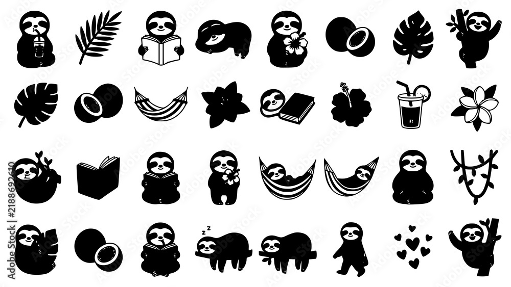 Obraz premium Collection of cute sloths engaged in leisure activities with tropical fruits and plants tropical character illustration relaxing adorable creature vacation