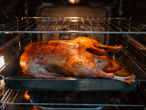 Whole roasted goose baking in oven for festive holiday dinner