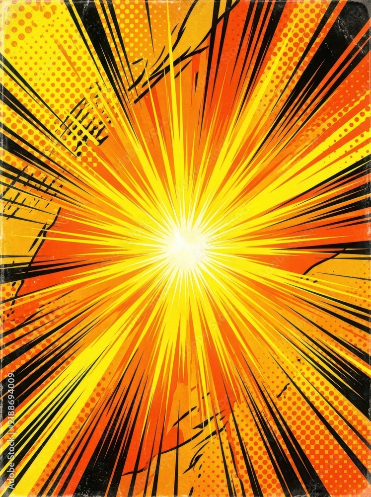 Obraz premium Dynamic Comic Book Explosion Background with Radial Speed Lines, Halftone Dots, and Vintage Grunge Texture in Orange and Yellow