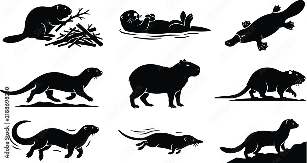 Fototapeta premium Semiaquatic and Wetland Mammal Silhouette Icon Set Featuring Capybara, Otter, Beaver, Platypus, and Rodents for Wild Nature Designs