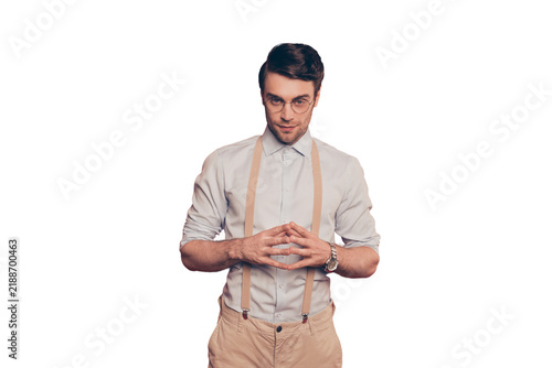Картината върху платно Professional, cunning magician, poker player, gambler in casual outfit, glasses