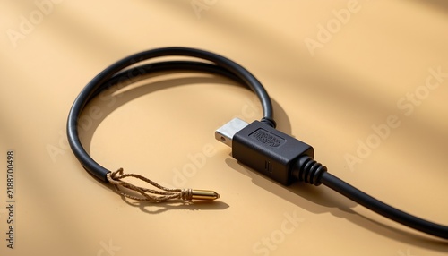 A black USB cable coiled and connected to a black USB connector, which is laid out on a surface with a blurred background