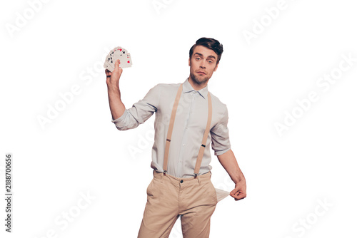 Картината върху платно Professional, cunning magician, illusionist, gambler in casual outfit, holding,