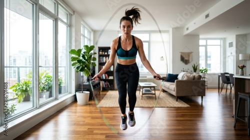 Woman exercising indoors with a jump rope in a modern apartment