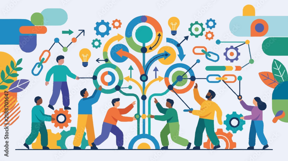 Fototapeta premium Teamwork Building Digital Innovation Tree With Gears.