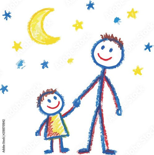 Children crayon drawing vector illustration of a parent and child holding hands under a night sky with moon and stars.