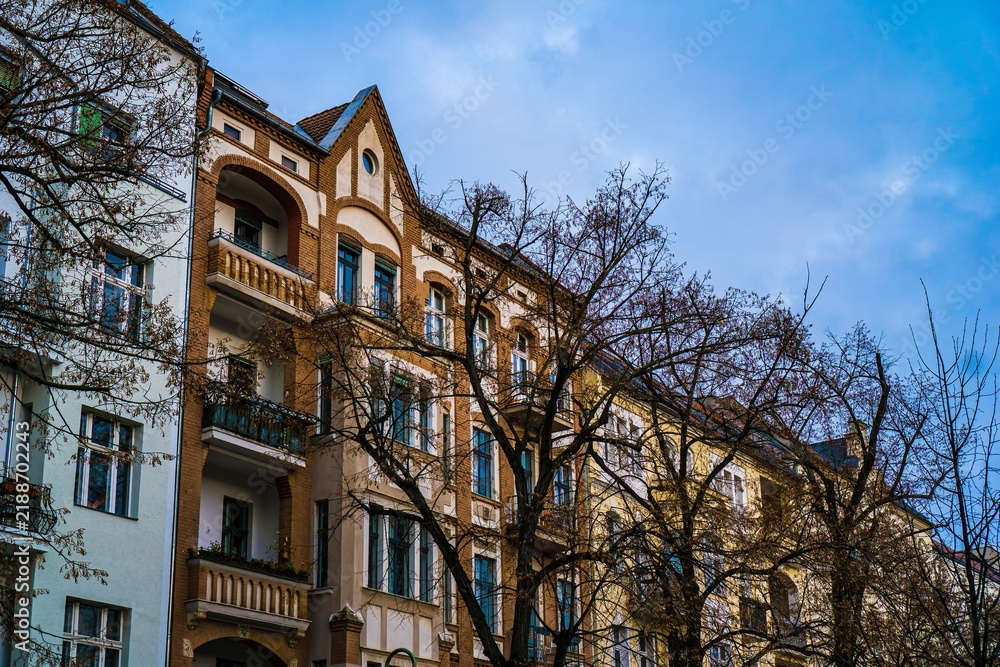 Fototapeta premium Ornate apartment buildings with bare trees
