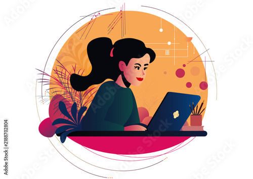 Young woman working on laptop computer, modern flat vector illustration. Freelance, online education or remote work concept.