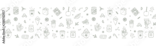 Christmas market street food festival horizontal seamless pattern panoramic banner line art