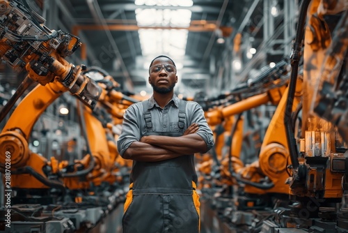 Factory worker equipped with robotic arms, performing industrial tasks with enhanced precision and efficiency, illustrating advanced automation, human-robot collaboration,  