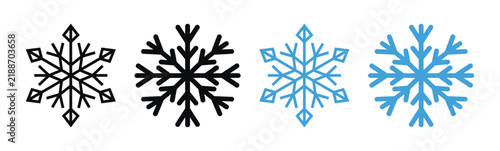 A collection of four distinct snowflake icons featuring two black silhouettes and two blue detailed illustrations isolated on a clean white background