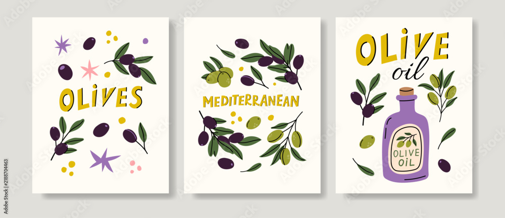 Fototapeta premium Olive Oil Bottle and Green Branch Poster Set Mediterranean Kitchen Art