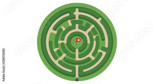 Fotografía A circular green labyrinth with a red start and blue end point is illustrated on