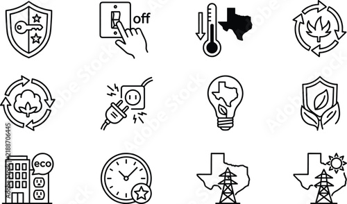 Energy efficiency and Texas power grid line icon set featuring switch plug recycling eco building and electrical tower.eps