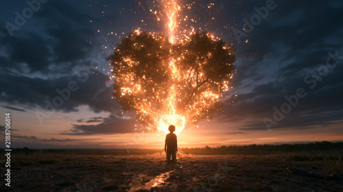 Glowing Heart Shaped Tree with Child Silhouette at Sunset