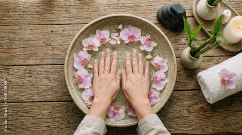Hands soaking in water with orchids, spa and wellness concept