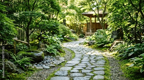 Peaceful Japanese garden with stone path and tranquil water feature