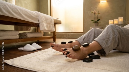 Relaxing hot stone massage on feet in a serene spa environment.