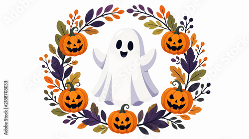 Festive halloween vector illustration with a cute ghost and carved pumpkins surrounded by autumn leaves wreath
