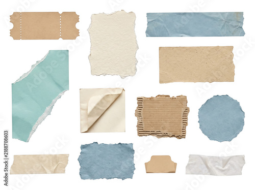 Assorted torn paper sheets and sticky tape pieces over checkerboard grid background for creative scrapbook moodboard designing