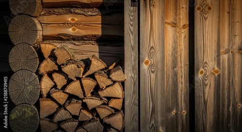 Warm Sunlight On Stacked Firewood Against Rustic Wooden Wall