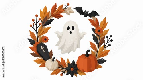 Festive halloween vector art illustration featuring autumn leaves, a ghost, a pumpkin, and a bat in an isometric flat design