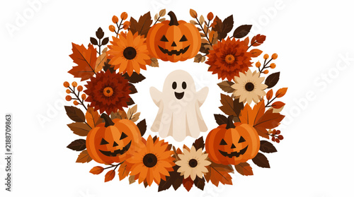 Festive halloween wreath illustration with cute ghost and jack o lantern pumpkins in autumn colors