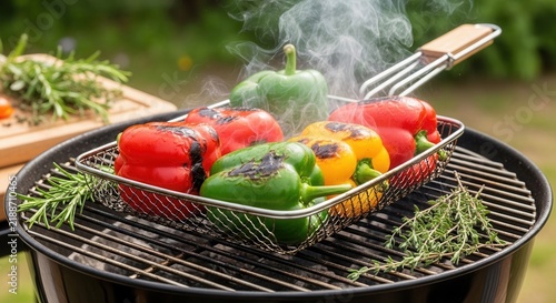 Vibrant Bell Peppers Grilling on an Outdoor Barbecue Grill With Steam Rising
