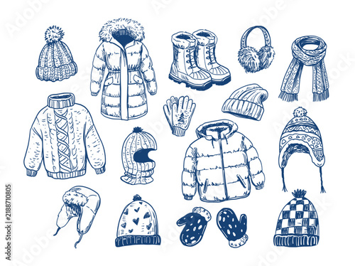 Winter clothing. Hats, jackets, illustration set, monochrome vector sketch.