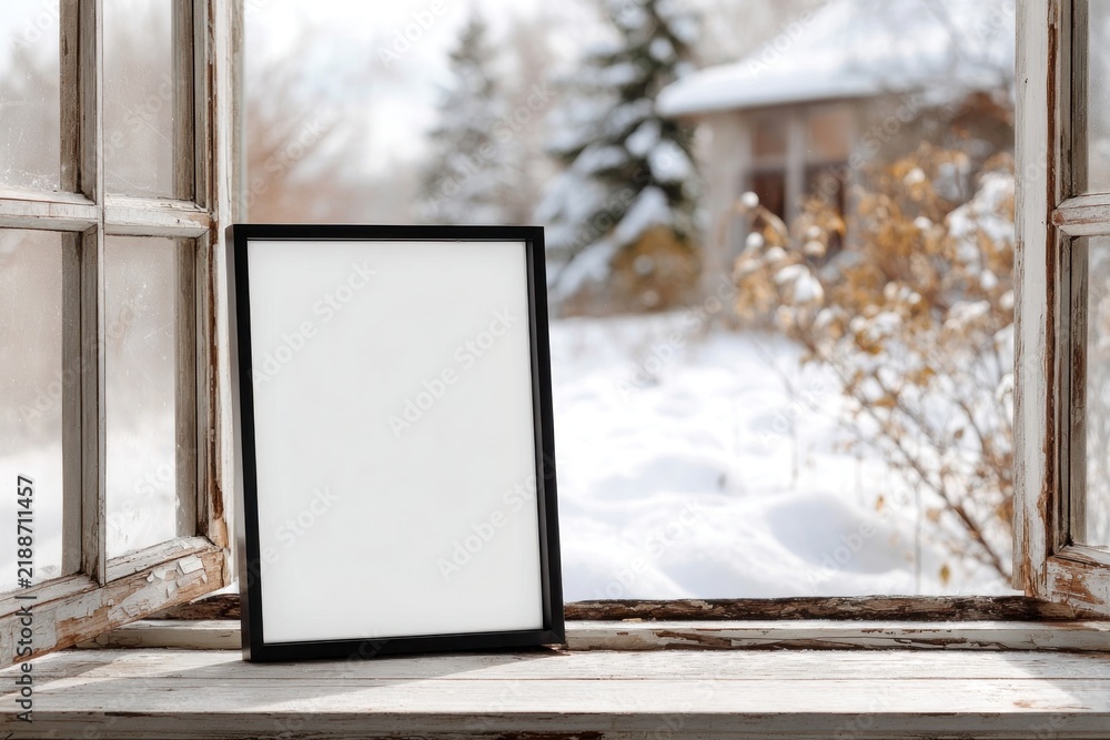 Naklejka premium Blank frame winter window scene.