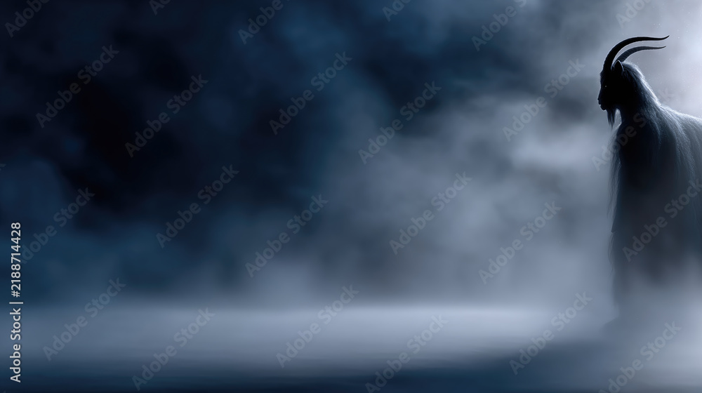 Obraz premium Krampus, the legendary horned creature of alpine christmas folklore, emerging from dark, eerie fog, symbolizing fear and ancient holiday traditions
