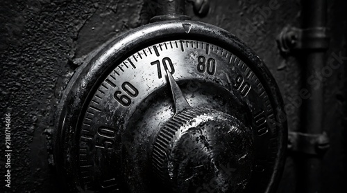 Safe dial combination lock close up photo, black and white security vault mechanism